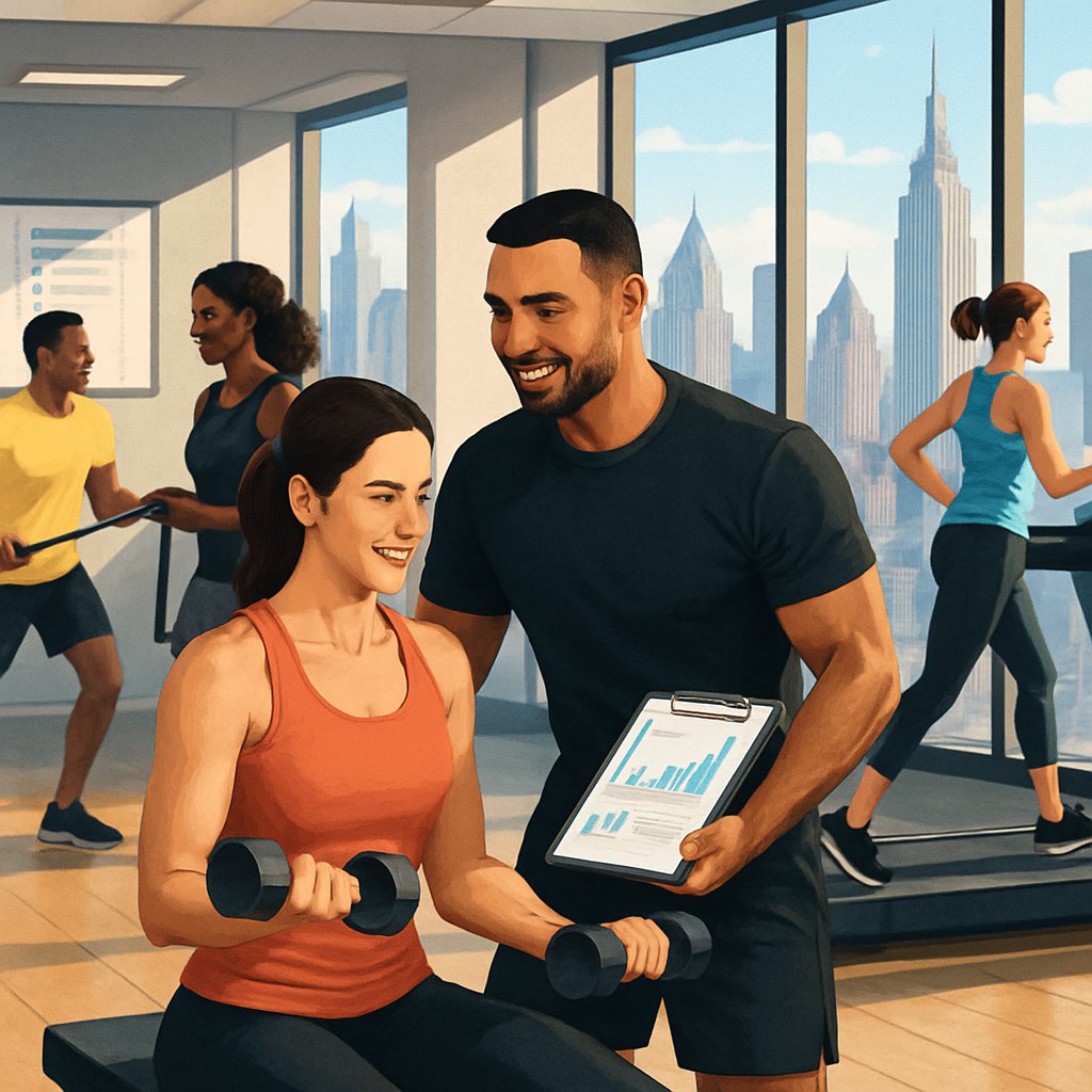 A personal trainer helping a client exercise in a gym with Manhattan skyscrapers visible through large windows.