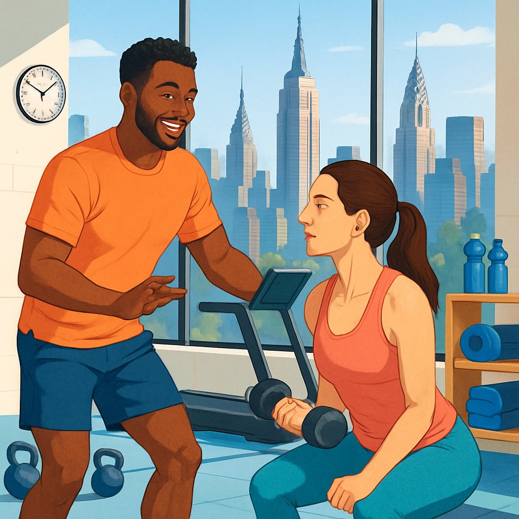A personal trainer helping a client exercise in a gym with large windows showing the Manhattan skyline.