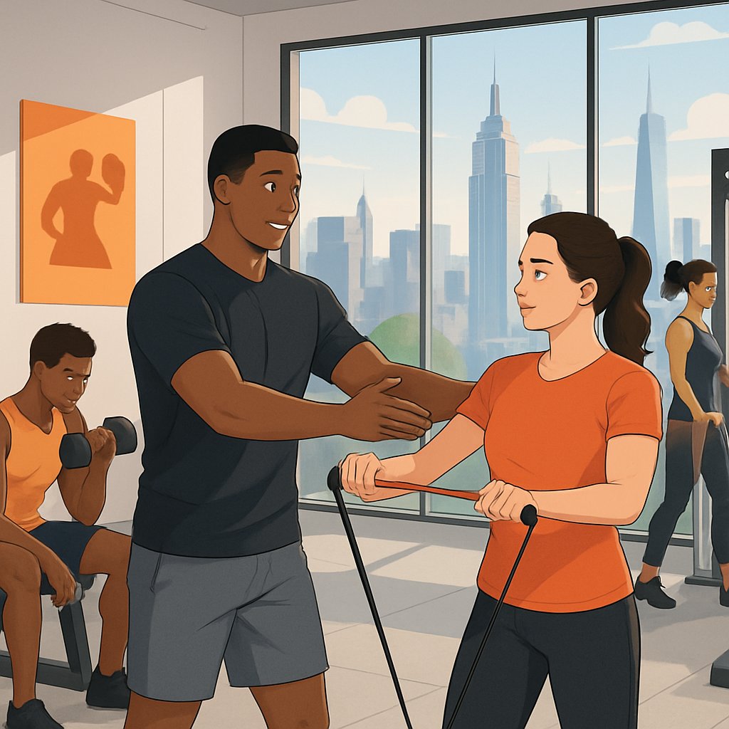 A personal trainer guiding a client through exercises in a modern gym with Manhattan skyscrapers visible outside the window.