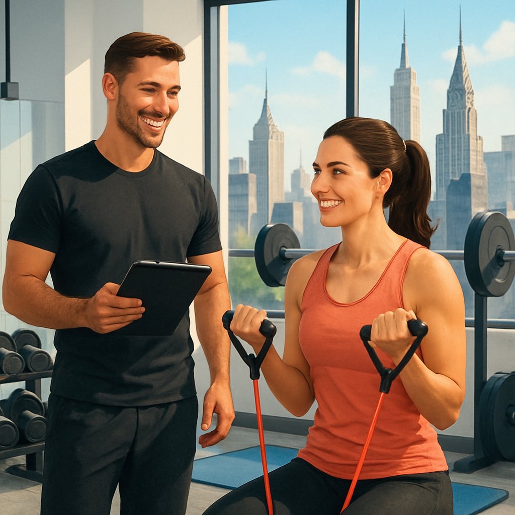 A personal trainer coaching a client during a workout session in a gym with a view of Manhattan skyscrapers through large windows.