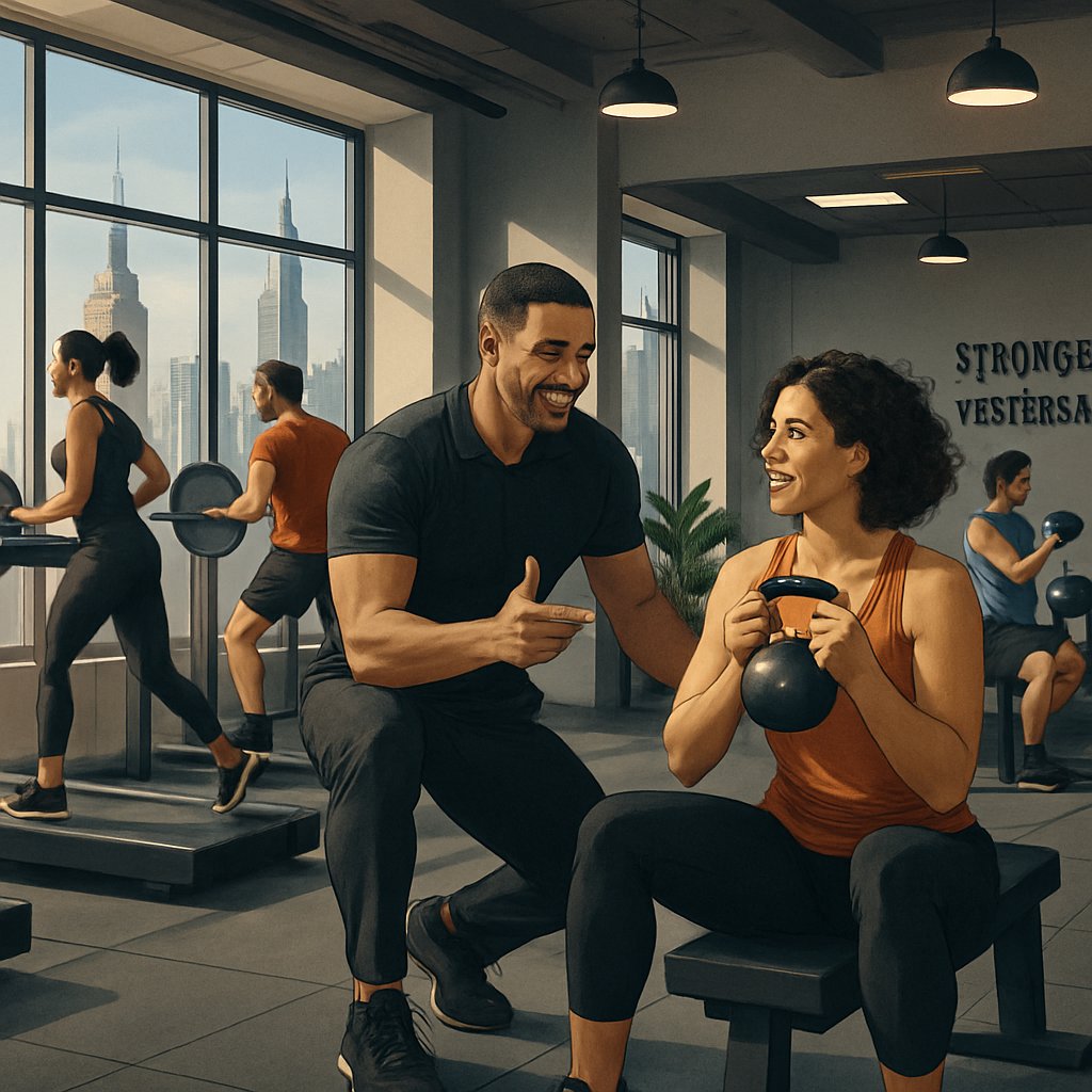 A personal trainer demonstrating exercises to clients in a gym with Manhattan skyscrapers visible through large windows.