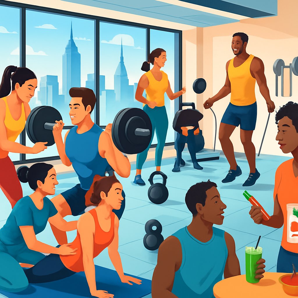 A gym scene in Manhattan with trainers helping clients do weightlifting, yoga, high-intensity workouts, and nutrition guidance, with the city skyline visible through the windows.