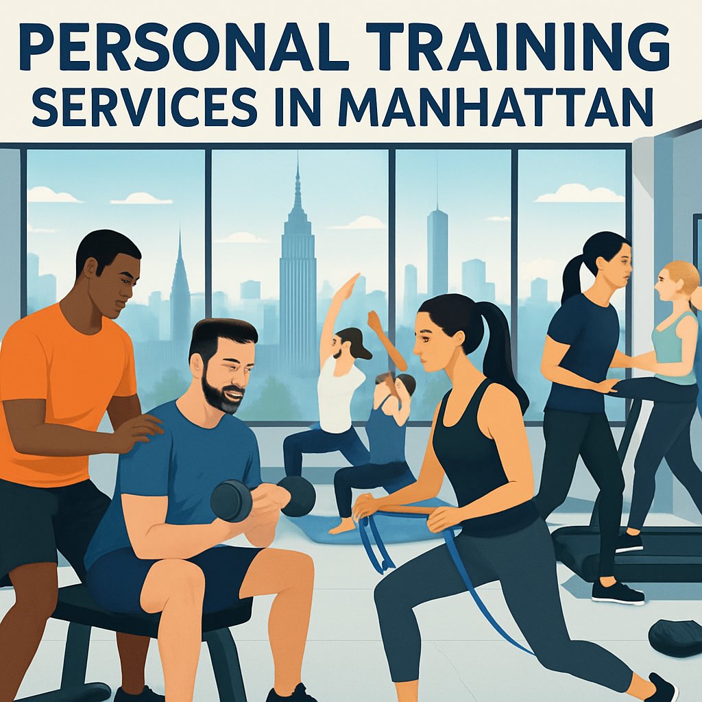 A gym in Manhattan with trainers helping clients exercise using weights, resistance bands, yoga, and treadmills, with the city skyline visible through large windows.