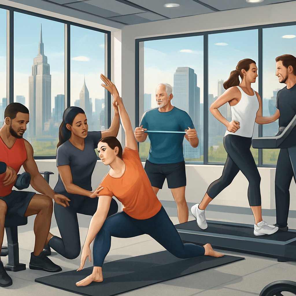 People participating in different personal training activities inside a gym with a view of Manhattan skyline.