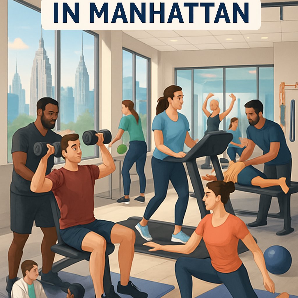 A fitness center in Manhattan where personal trainers assist clients with weightlifting, treadmill running, yoga, nutrition advice, physical therapy, and group classes.