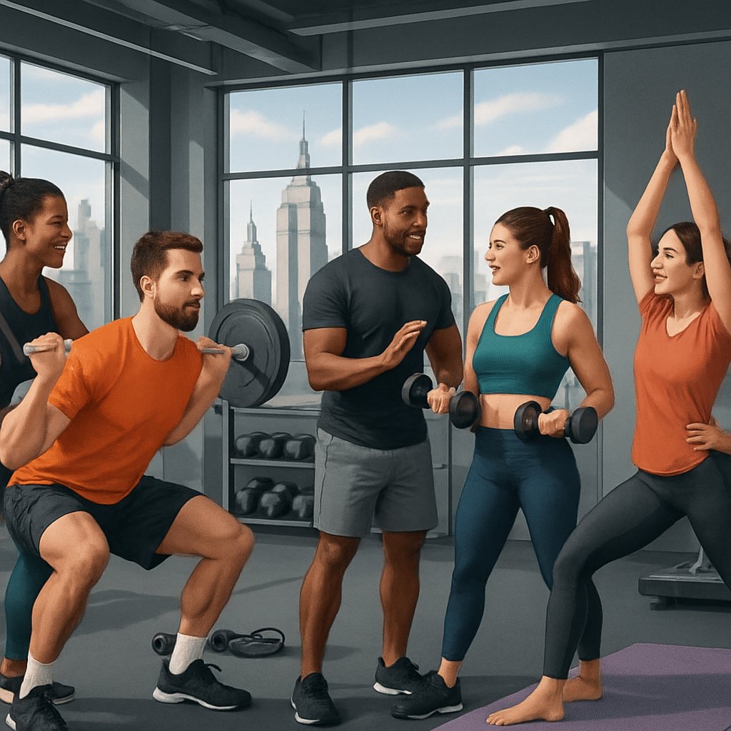 A fitness studio in Manhattan with personal trainers demonstrating different workout exercises to clients.