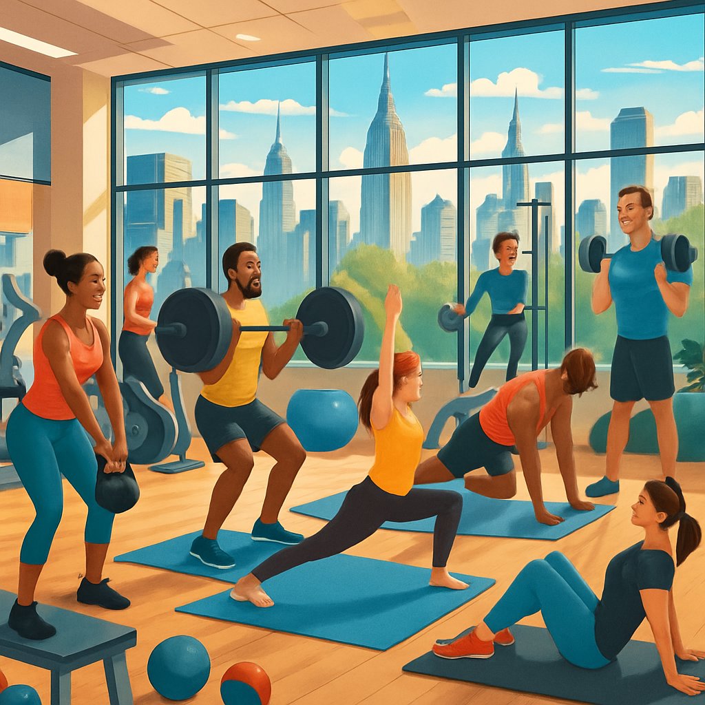 A busy fitness studio in Manhattan with people exercising using weights, yoga mats, and machines, with city skyscrapers visible through large windows.