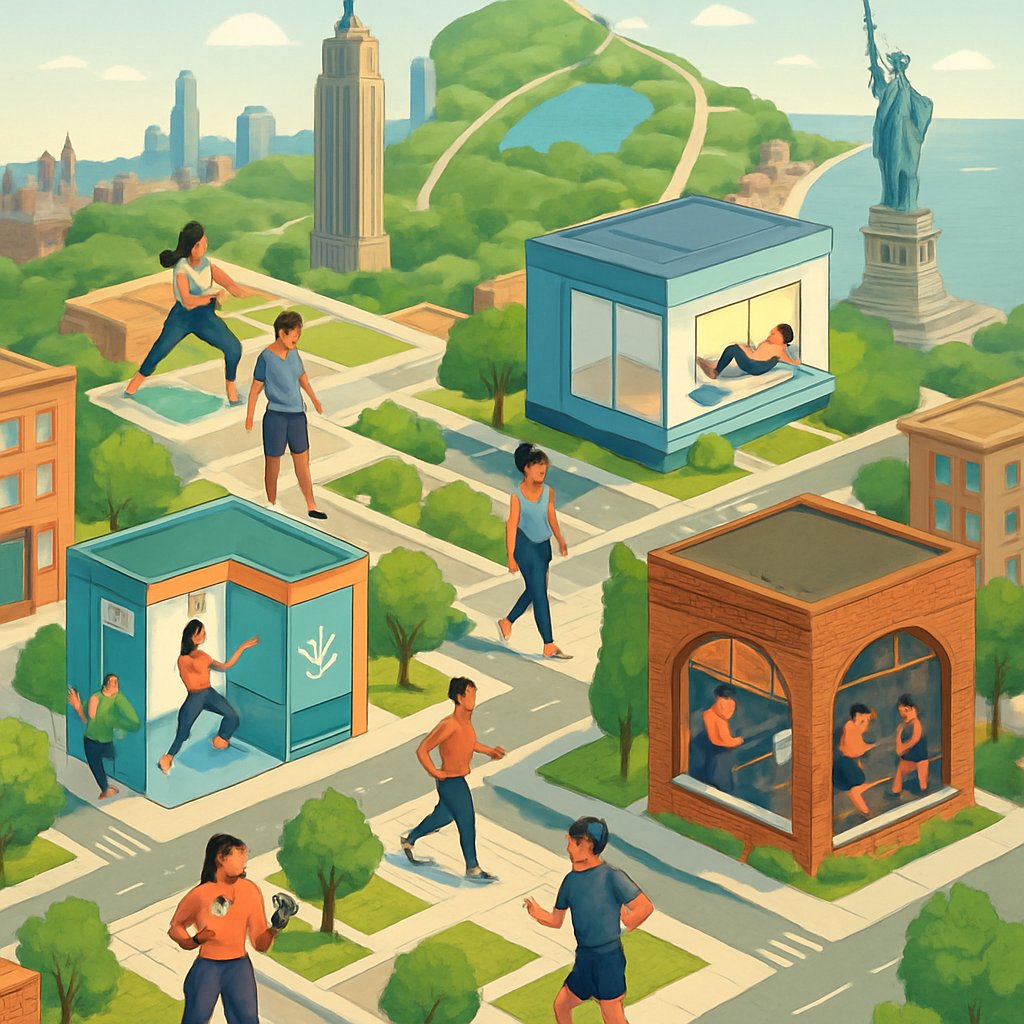 A detailed map of Manhattan showing various boutique fitness studios with people exercising and iconic city landmarks in the background.