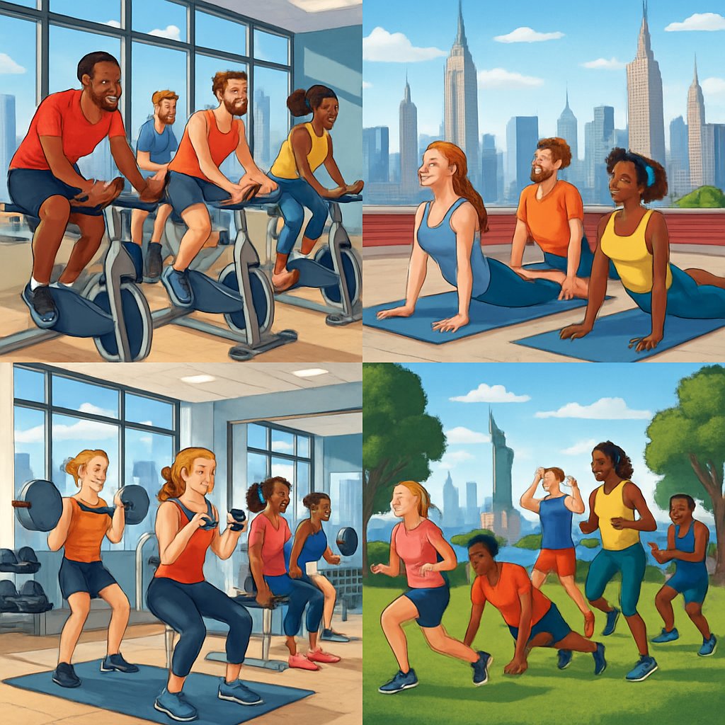 People of diverse backgrounds exercising in various fitness classes and training sessions with Manhattan landmarks visible in the background.