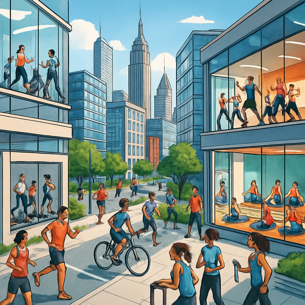 A lively Manhattan city scene with people exercising in fitness studios, outdoor running paths, and group workout classes, surrounded by modern buildings and urban greenery.