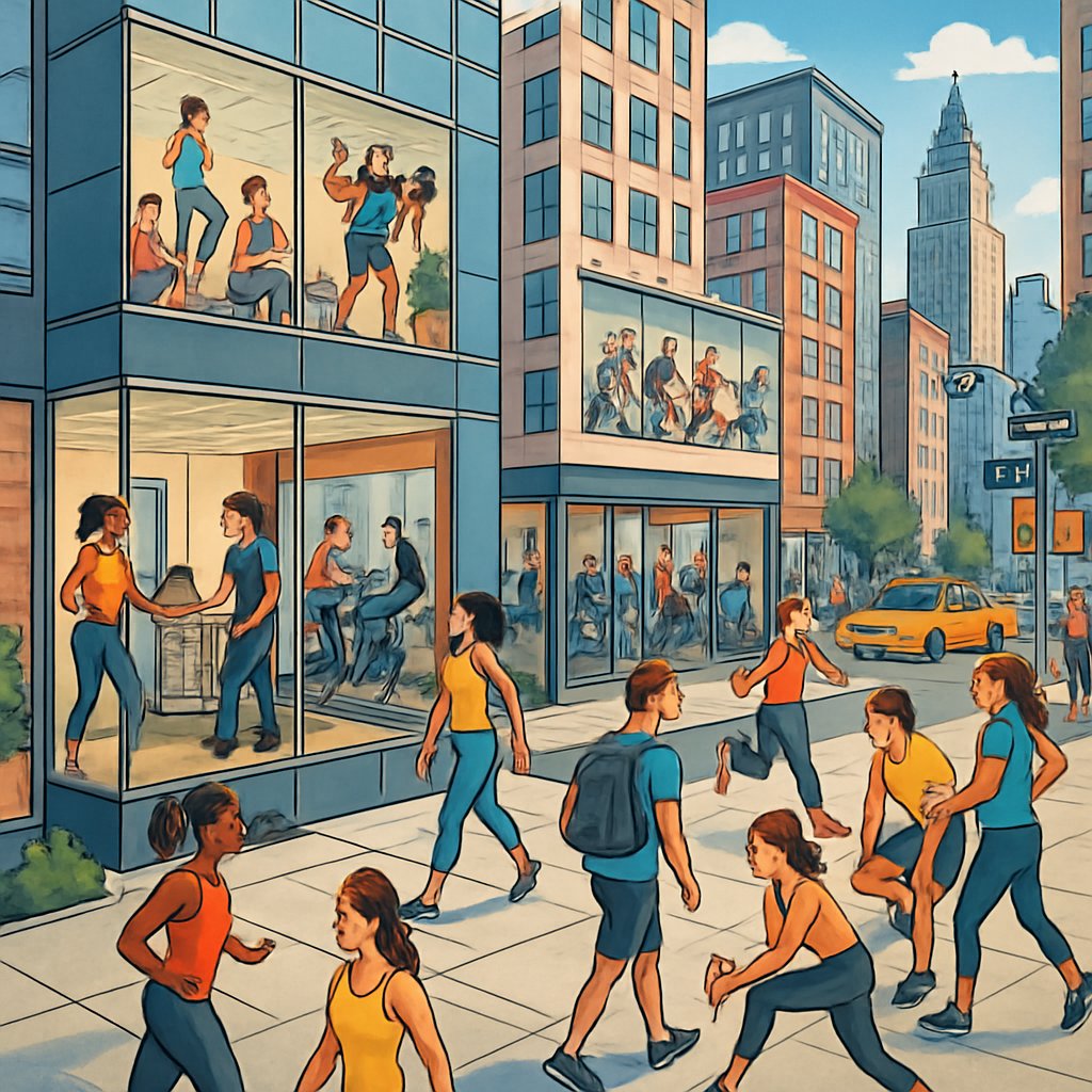 A busy Manhattan street with fitness studios and people exercising inside and outside the buildings.