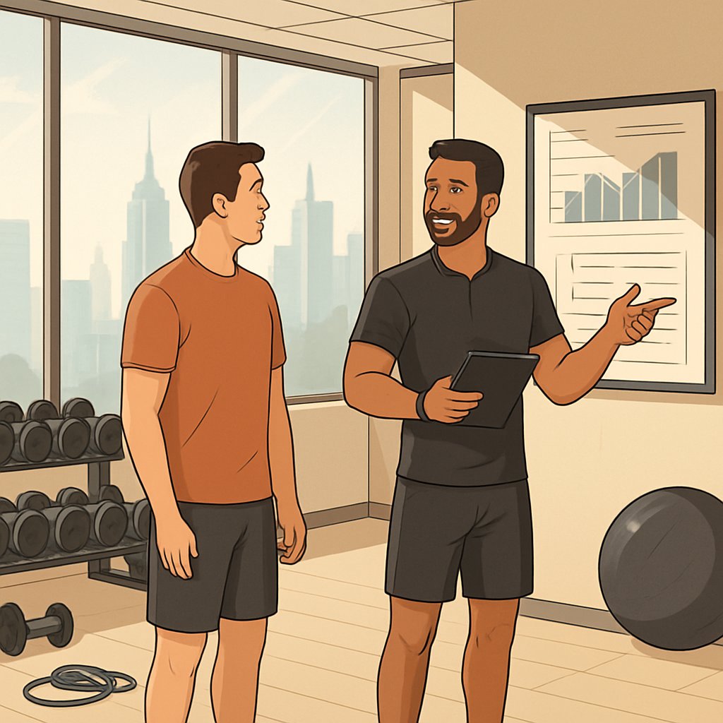 A personal trainer talking with a new client in a bright gym with Manhattan skyline visible through the windows.