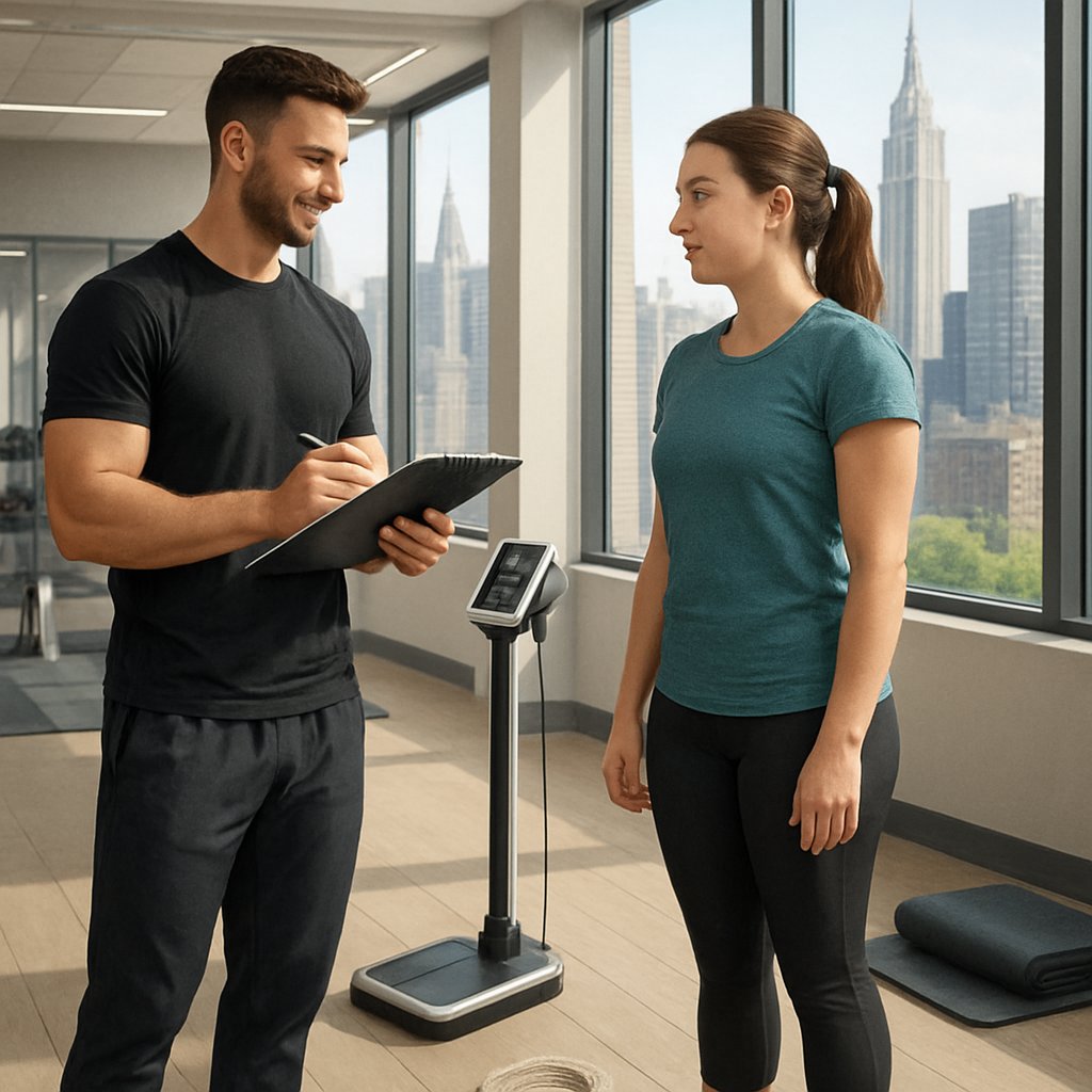 A personal trainer guides a client through initial fitness assessments in a modern gym with city buildings visible through large windows.