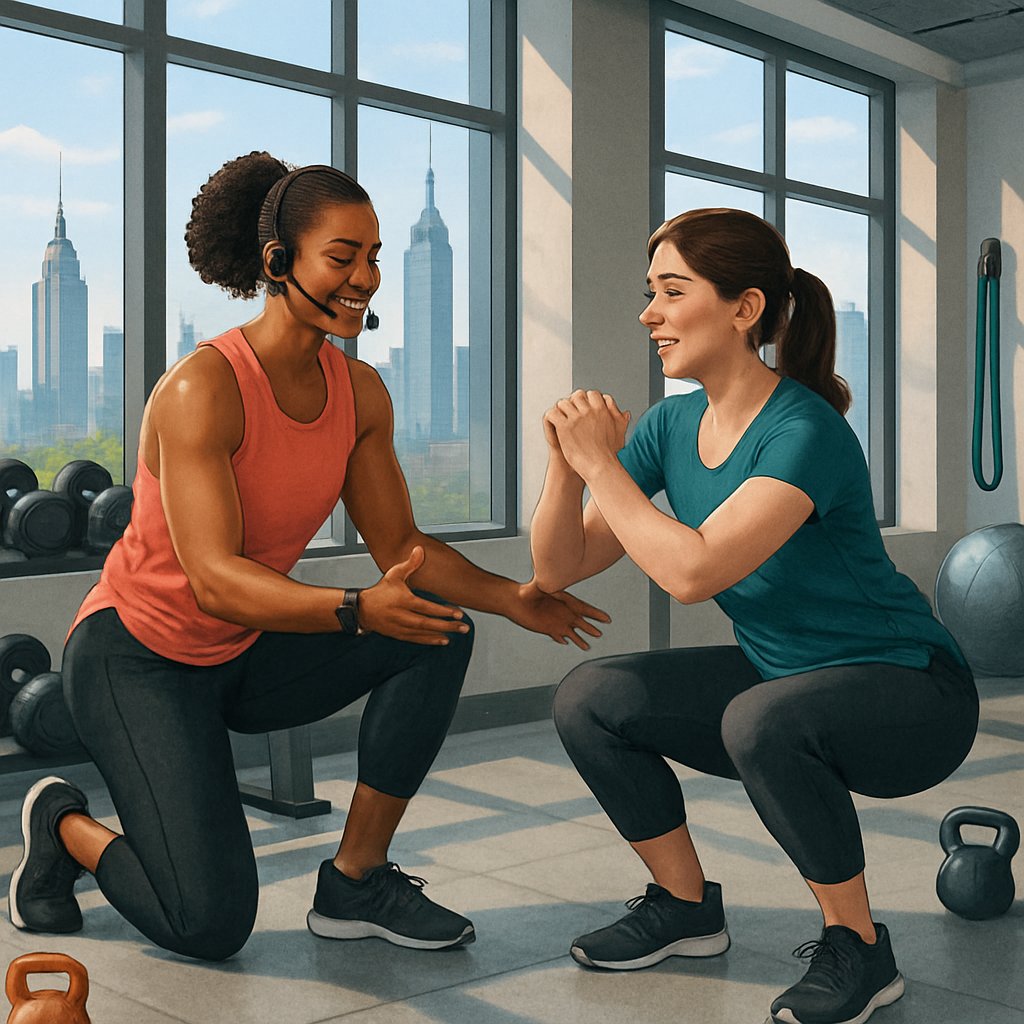 A personal trainer guiding a client through exercises in a gym with a view of the Manhattan skyline.