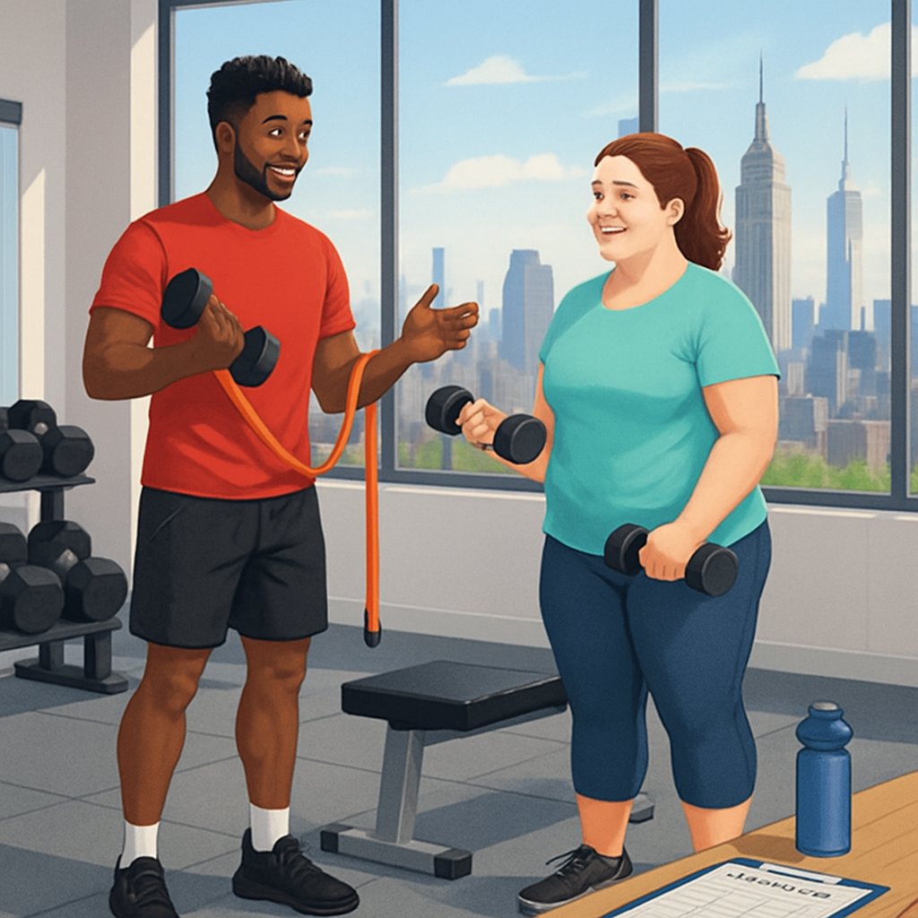A personal trainer guiding a client through exercises in a modern gym with a view of the Manhattan skyline.