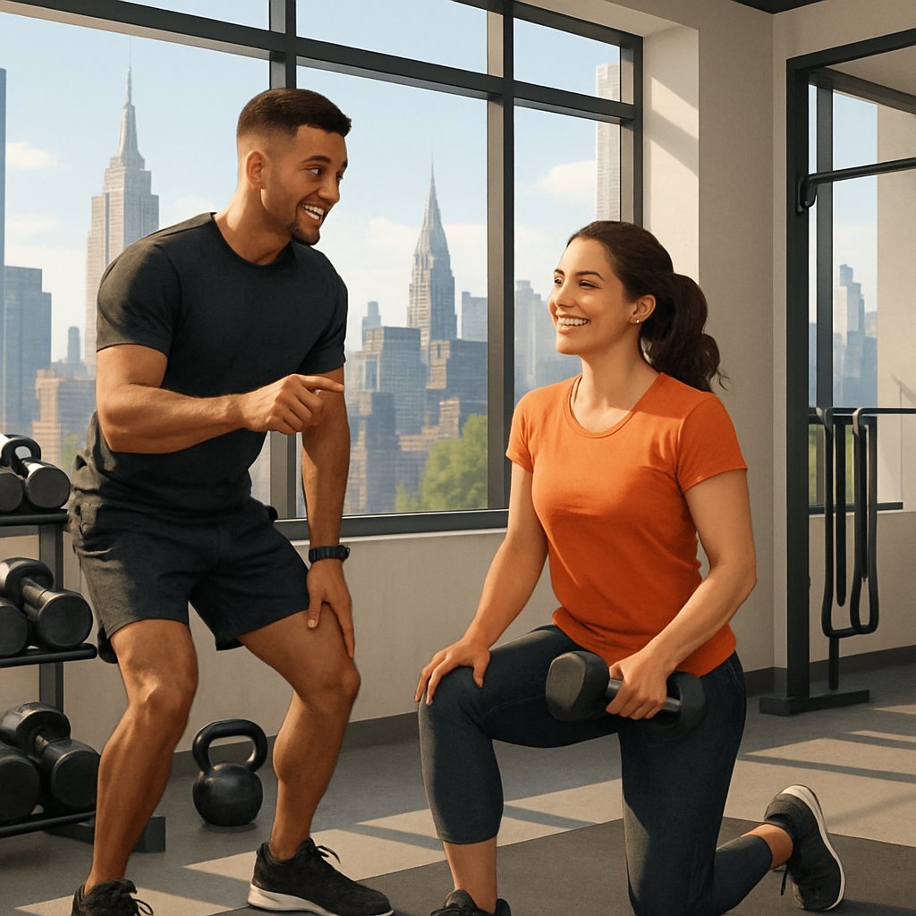 A personal trainer guiding a client through exercises in a gym with a view of Manhattan skyline.