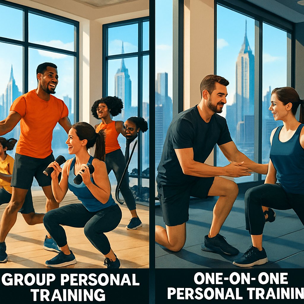 Split scene showing a group workout with multiple people and a trainer on one side, and a one-on-one personal training session with a trainer and client on the other, both set in gyms with Manhattan city views.