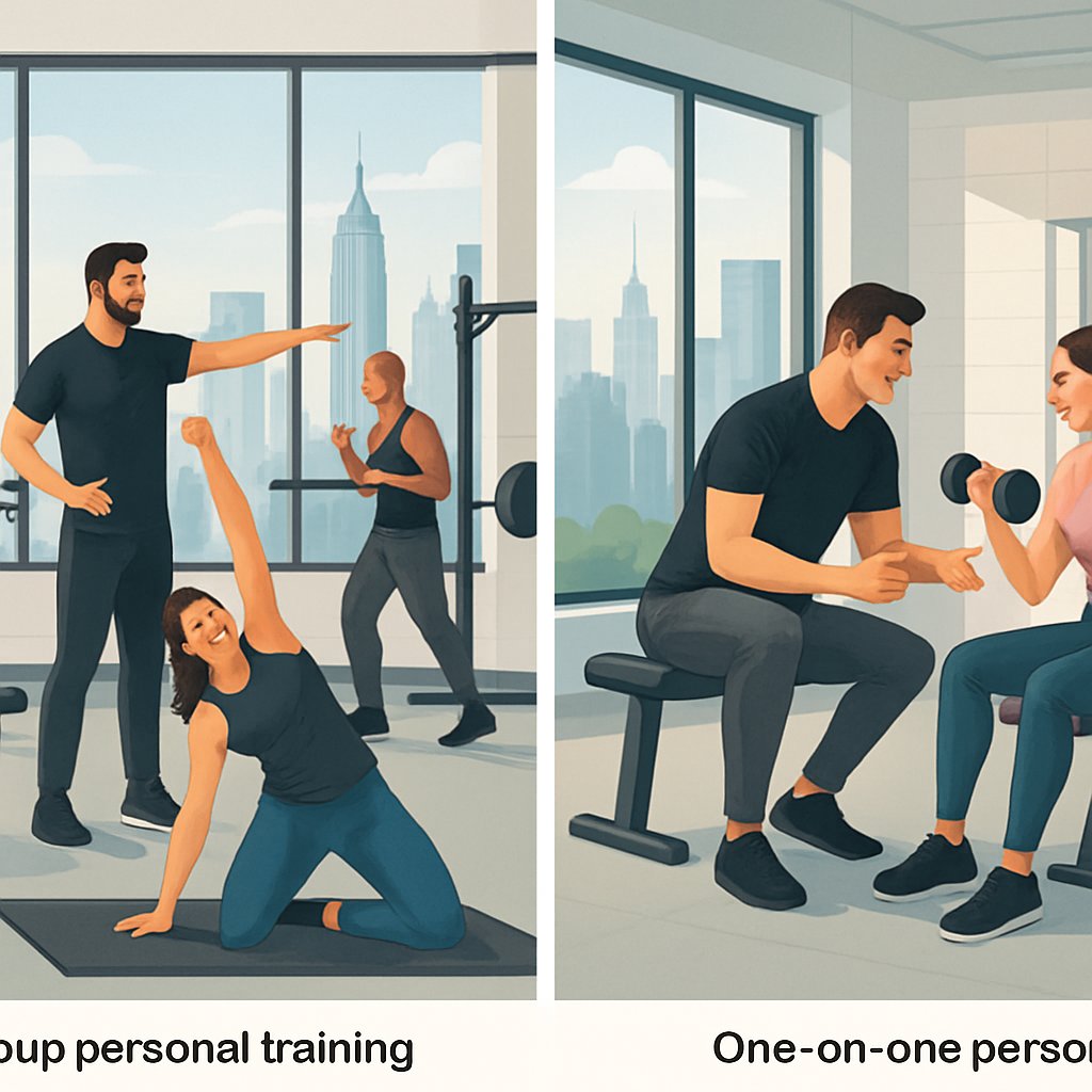 A gym scene divided into two parts: one side shows a group workout with a trainer and multiple people exercising together, the other side shows a trainer working one-on-one with a single client.