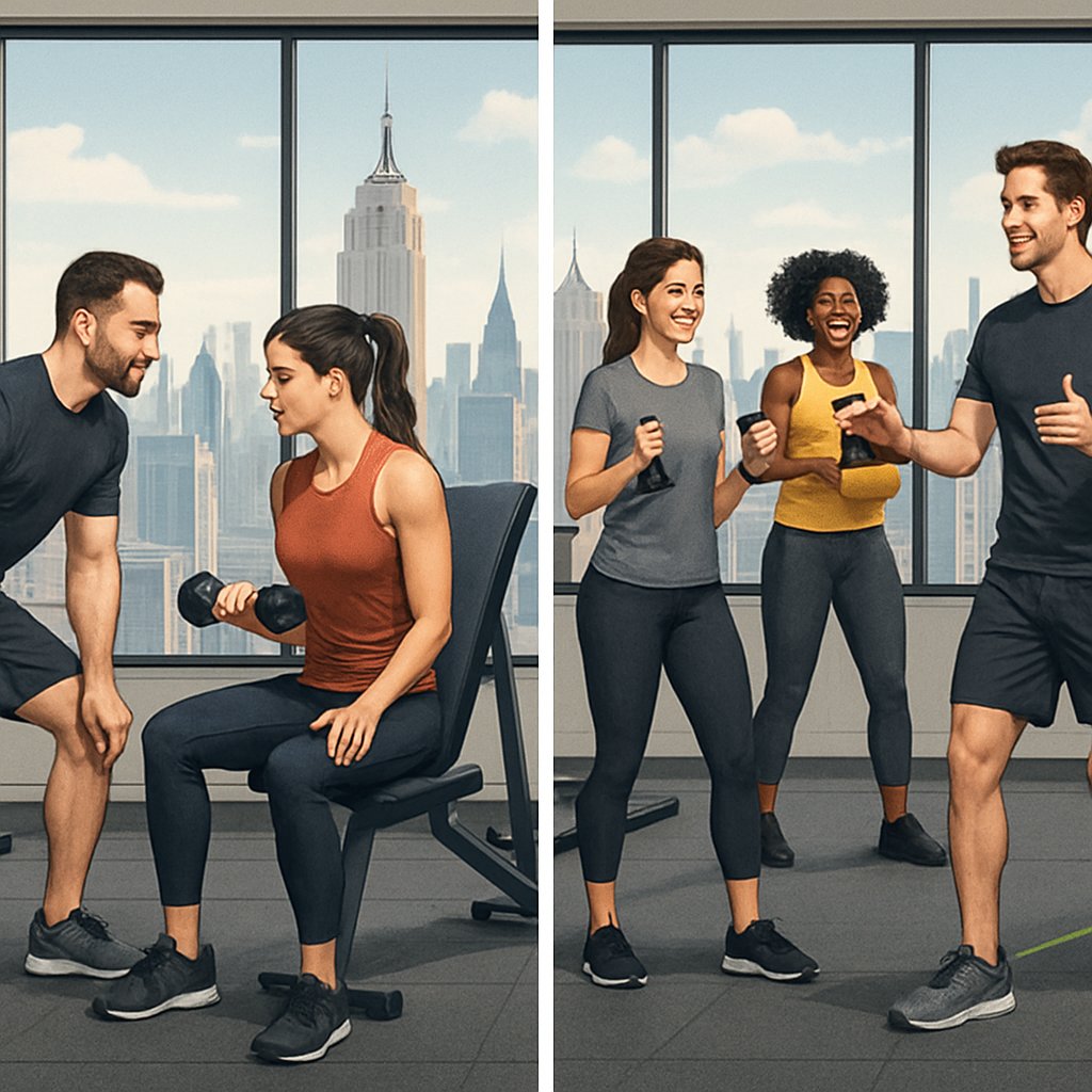 Two side-by-side scenes showing a personal trainer working one-on-one with a client in a gym with Manhattan skyline views, and a personal trainer leading a small group workout in a similar gym setting with city views.