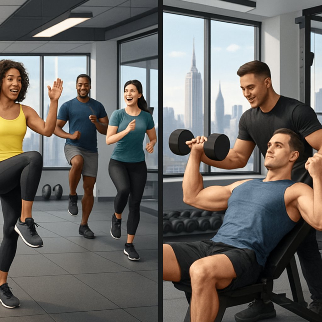 A gym scene showing a group fitness class on one side with multiple people exercising together and a one-on-one personal training session on the other side with a trainer working closely with a single client, with the Manhattan skyline visible through windows in the background.