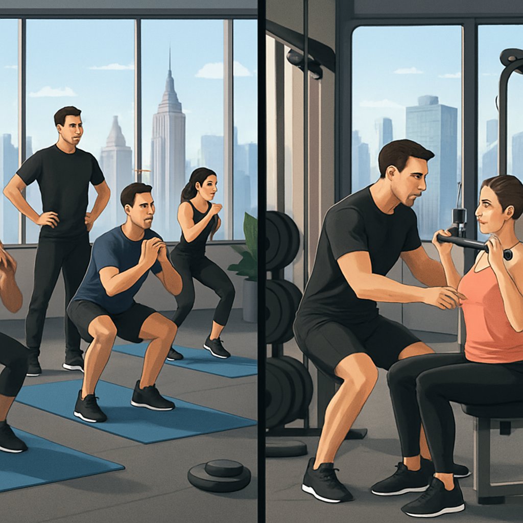 A gym scene split into two parts: one side shows a group fitness class with several people exercising together, and the other side shows a personal trainer working one-on-one with a client, both with the Manhattan skyline visible through large windows.