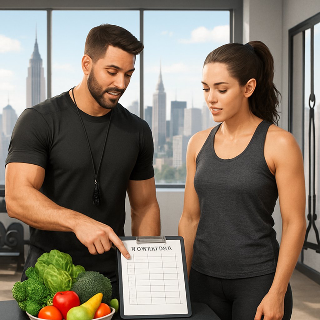 A personal trainer and client discussing nutrition plans near fresh fruits and gym equipment with a view of the Manhattan skyline.