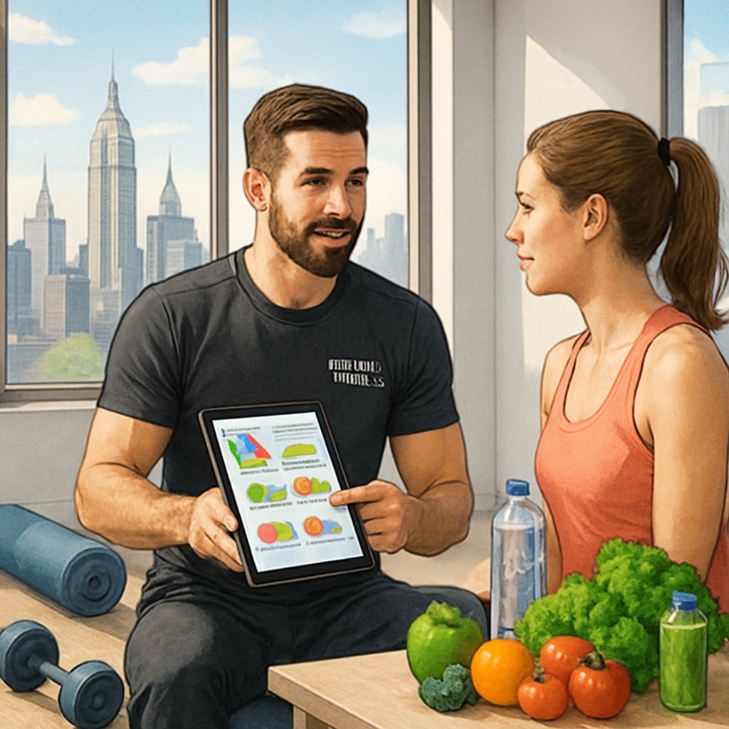A personal trainer and client discussing nutrition and fitness in a bright studio with Manhattan skyline visible through large windows.
