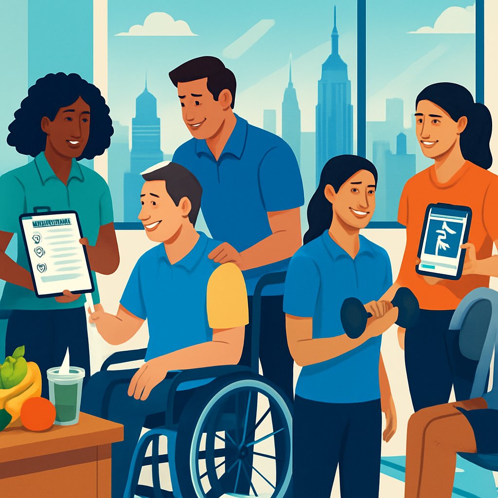 A group of personal trainers and clients working together in a gym with healthy foods and adaptive equipment, with the Manhattan skyline visible through large windows.