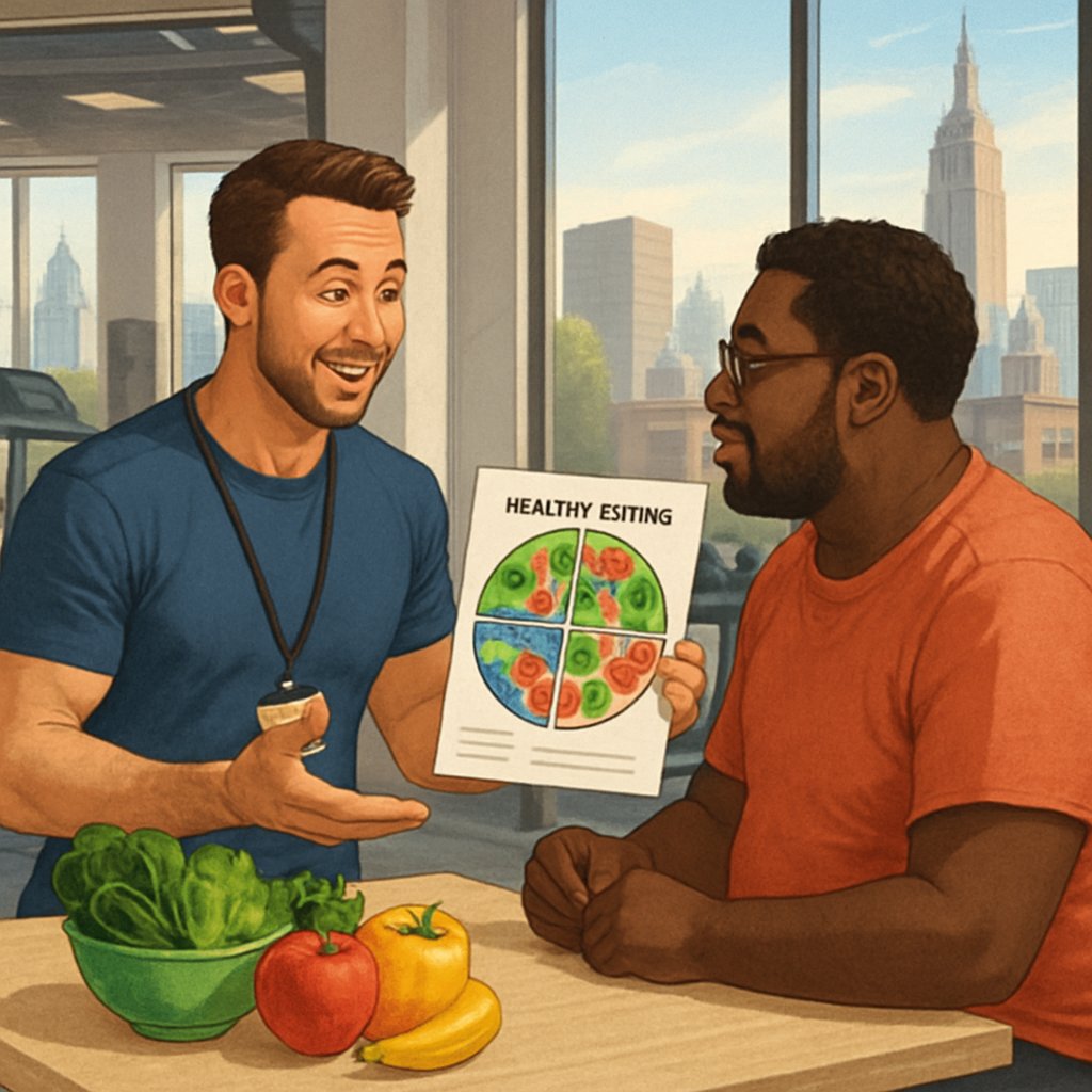 A personal trainer in a gym discussing a healthy meal plan with a client, with fresh fruits and a food chart on a table nearby.