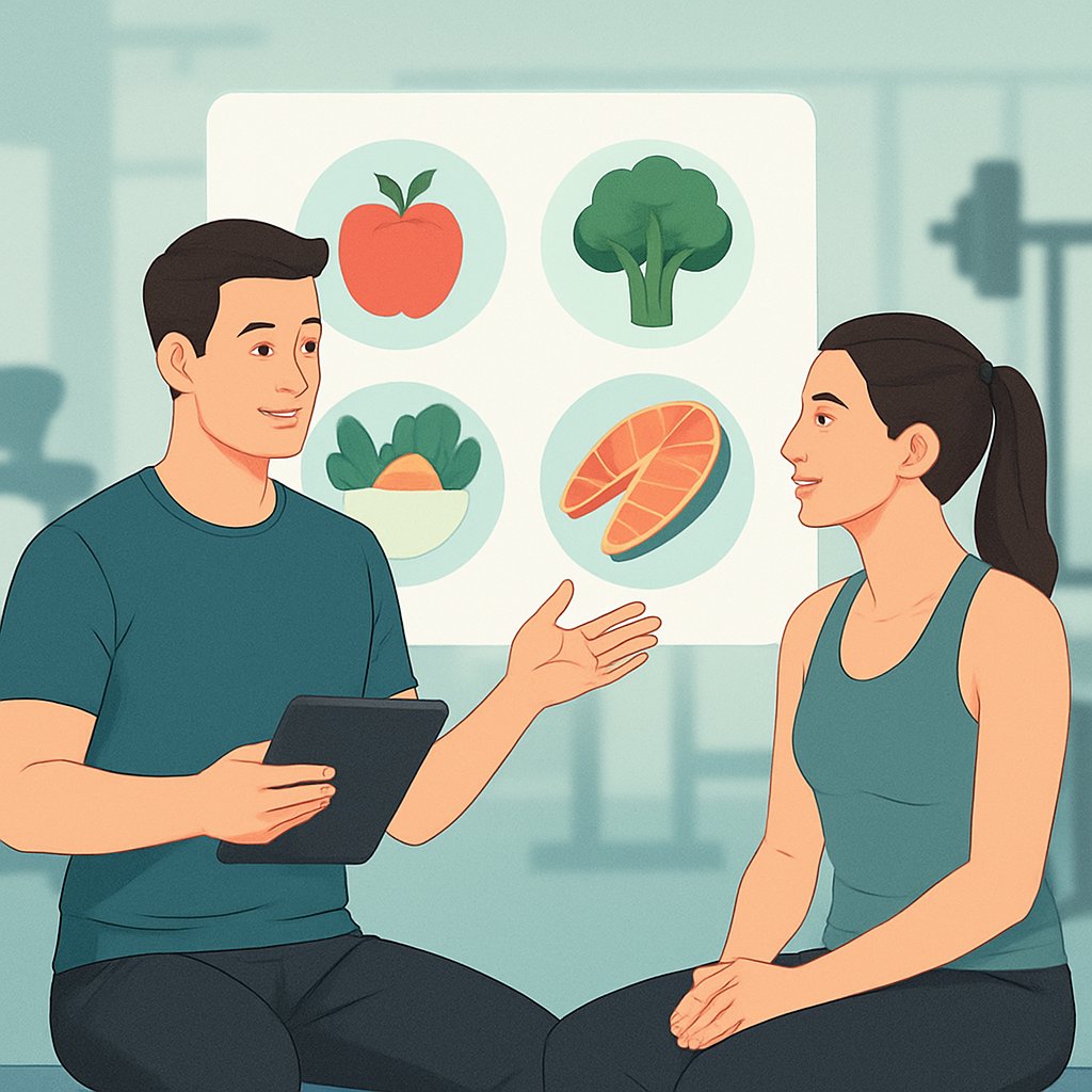 A personal trainer consulting with a client about nutrition and diet support in a gym setting, surrounded by icons of healthy foods.