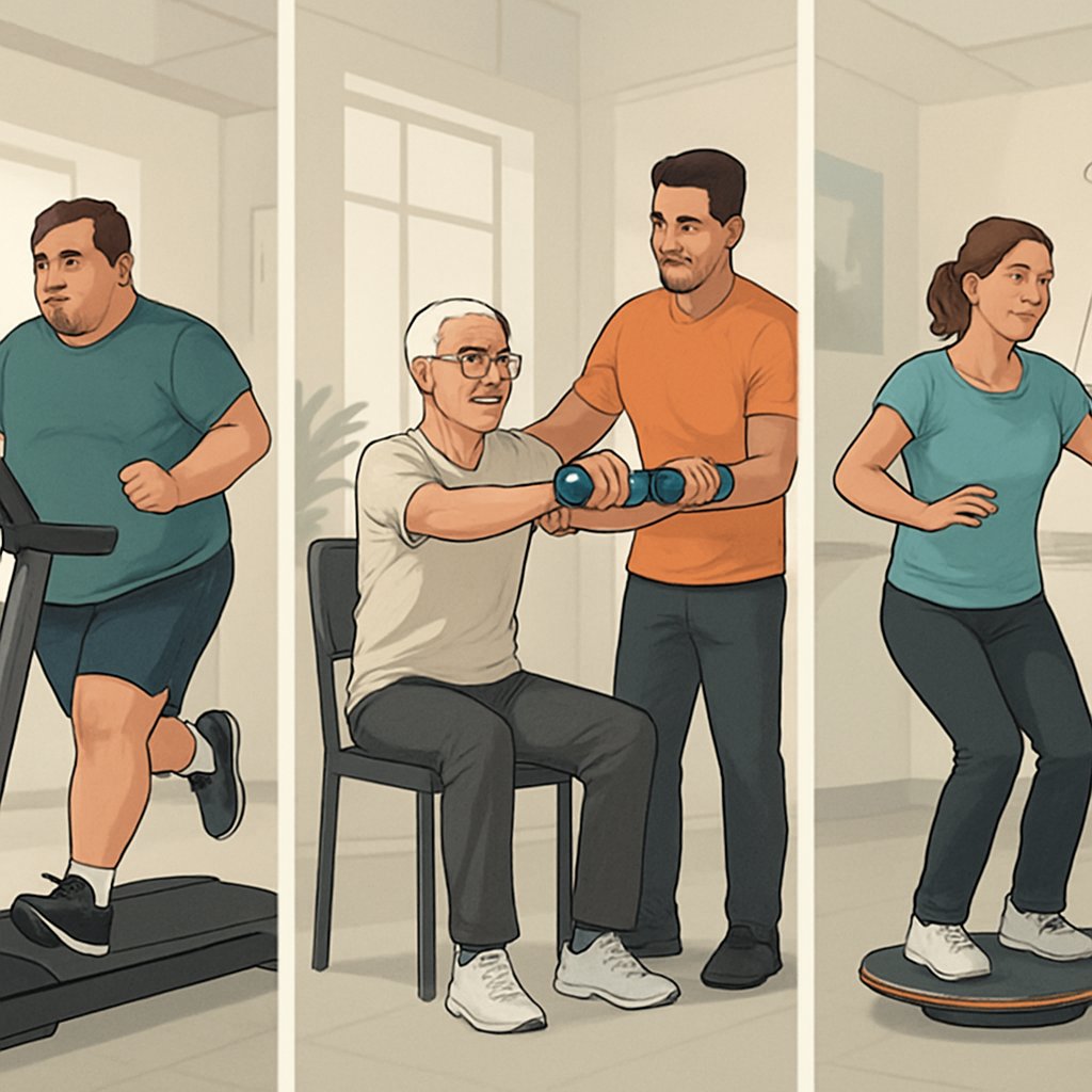 Three people engaged in different fitness activities: one doing weight loss exercises, an elderly person exercising with a trainer, and another receiving physical therapy guidance.