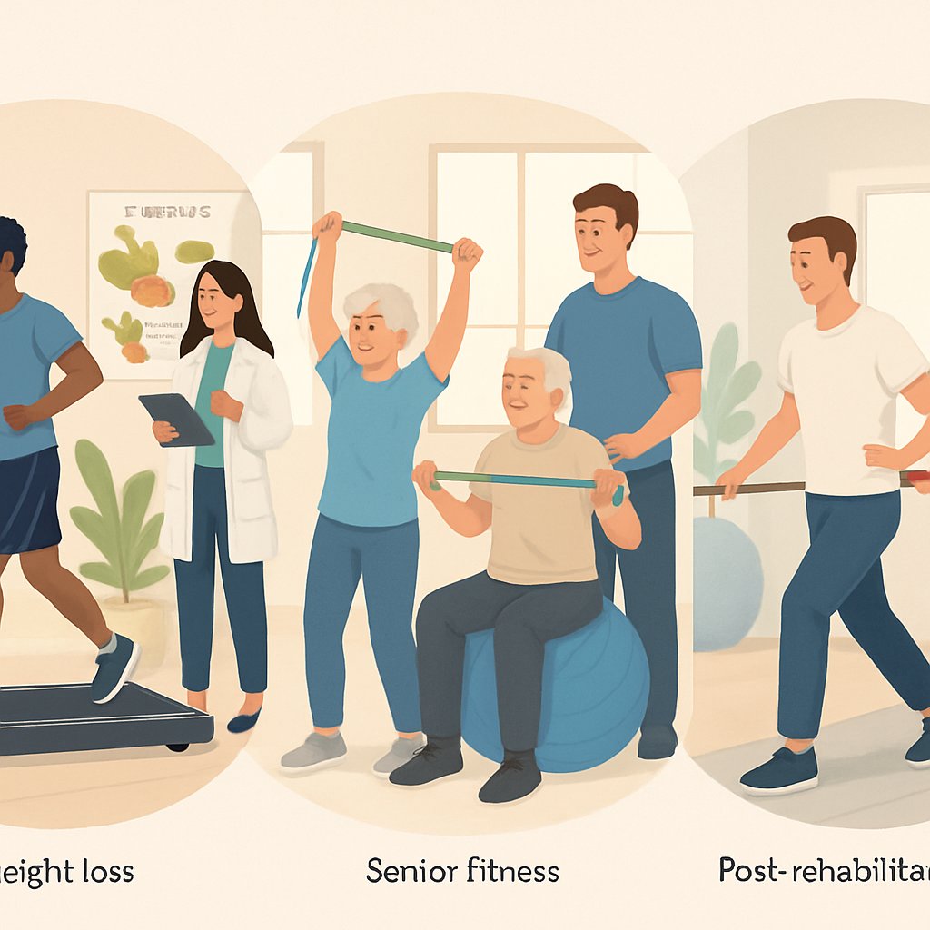 Three scenes showing people doing weight loss exercises, senior fitness activities, and post-rehabilitation therapy in a gym and clinical setting.