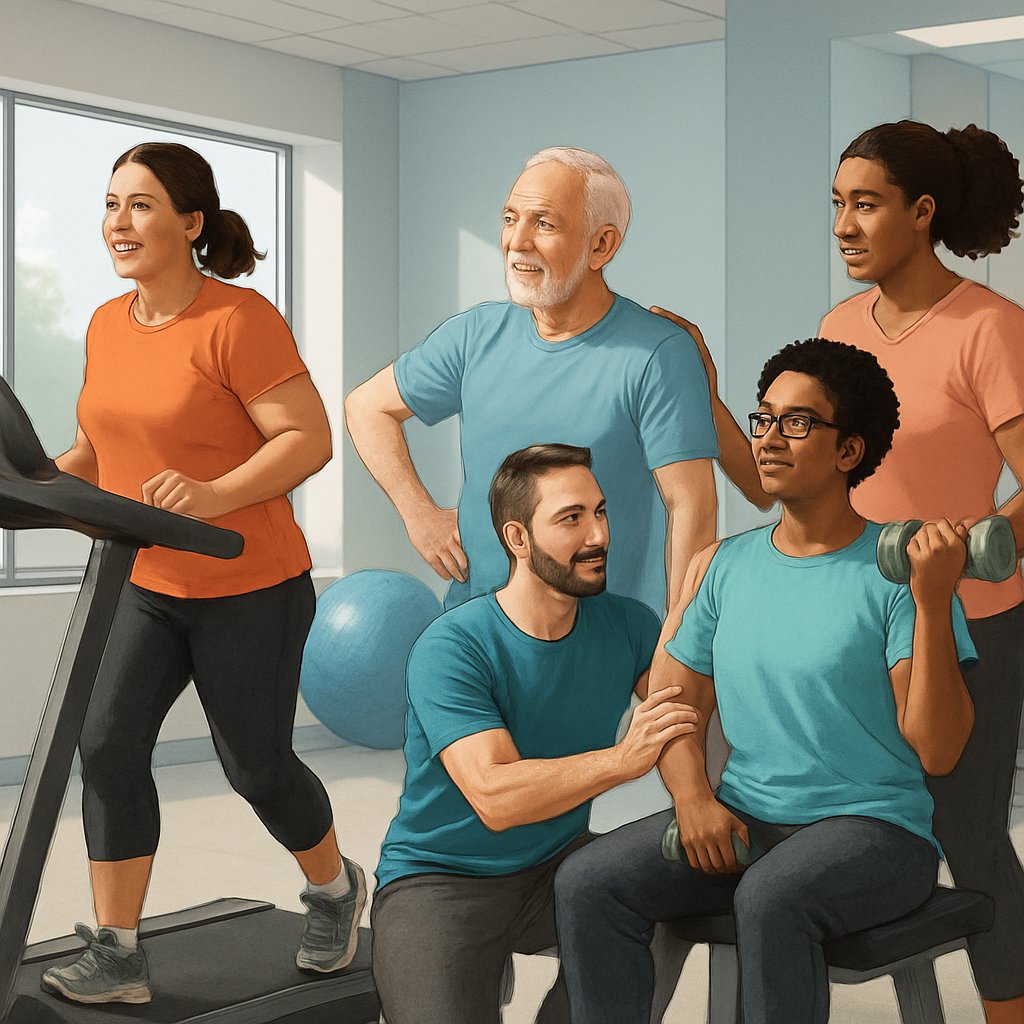 A diverse group of people exercising in a gym, including a woman jogging, an elderly man stretching with a trainer, and a person lifting light weights.