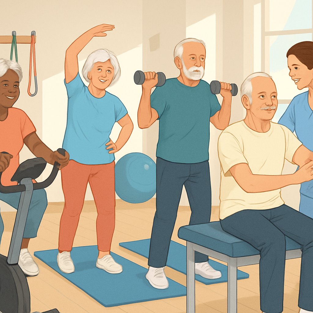 A group of seniors exercising with a trainer in a bright gym, doing weight loss, fitness, and post-rehabilitation activities.