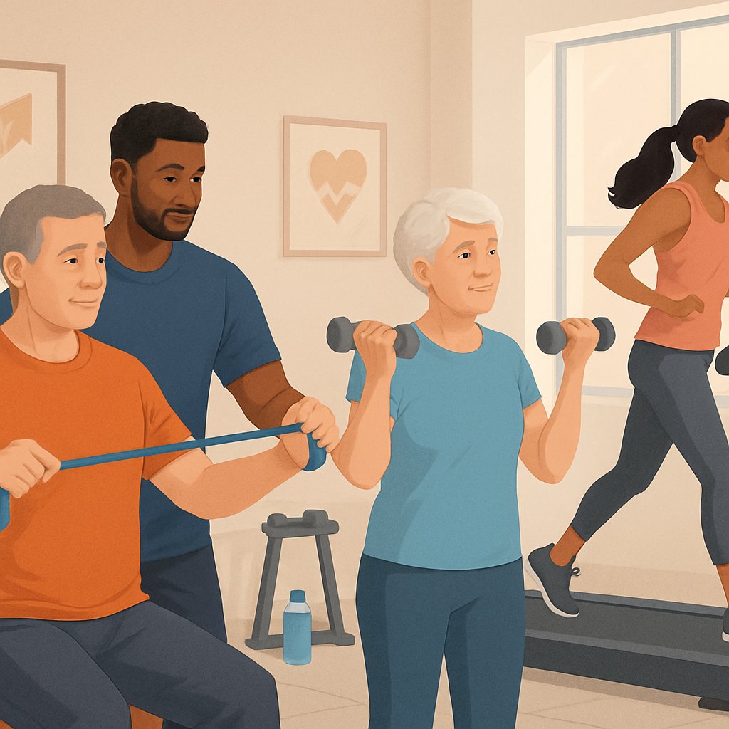 A diverse group of people exercising in a modern gym, including a man doing resistance band exercises, a senior woman lifting light weights, and a younger woman on a treadmill, guided by a trainer.