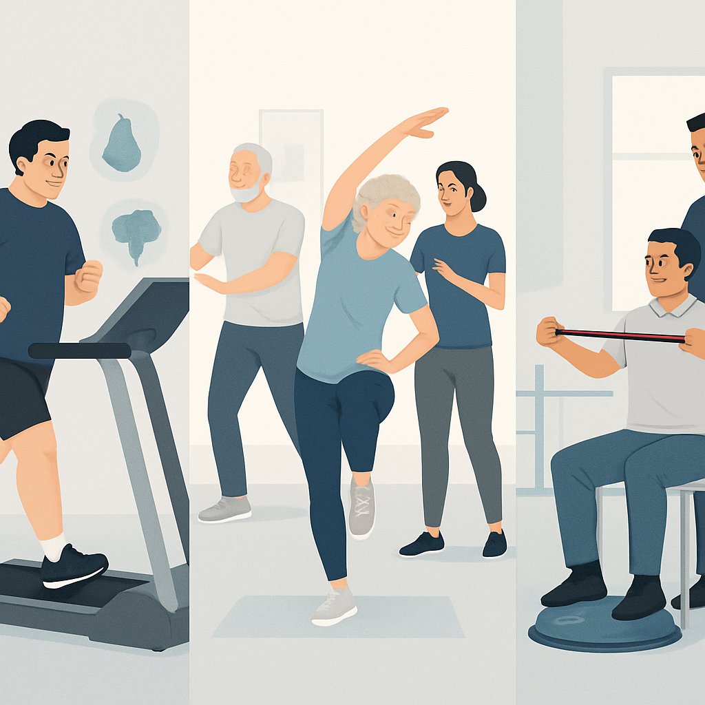 Three scenes showing weight loss exercise, senior fitness class, and post-rehabilitation physical therapy.