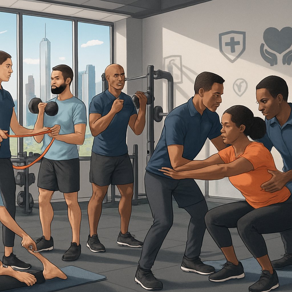 Personal trainers working with clients in a gym, demonstrating proper exercise techniques and injury prevention methods with Manhattan city buildings visible through the windows.