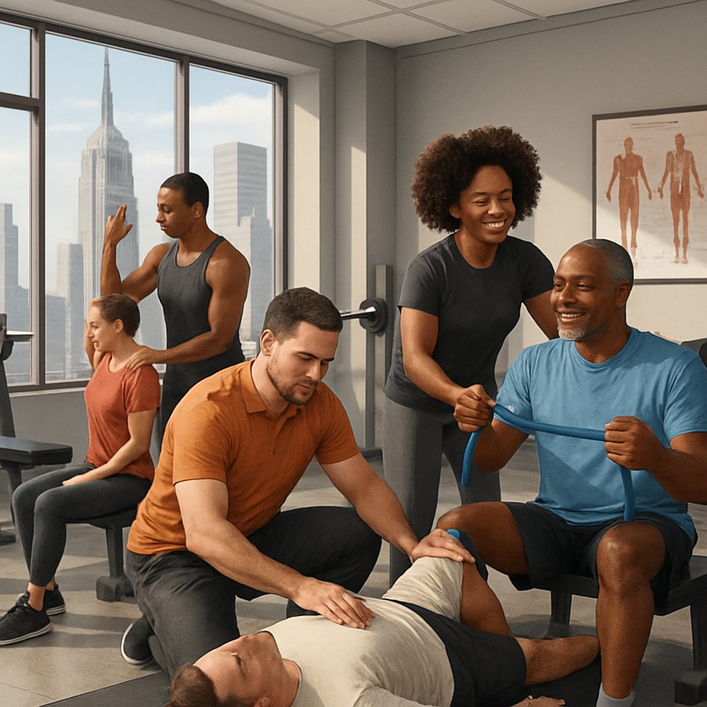 A group of personal trainers and clients working together on rehabilitation exercises in a gym with a view of Manhattan.