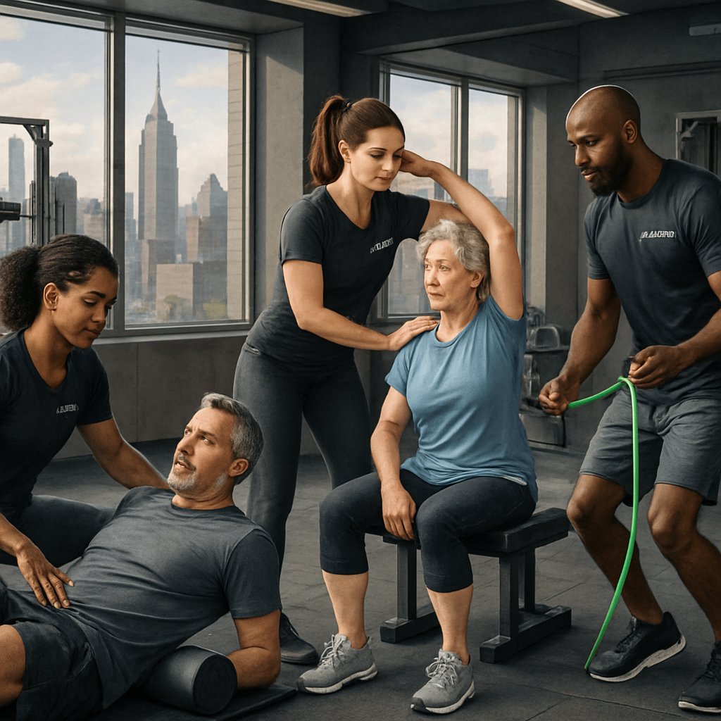 A group of personal trainers helping clients with exercises and stretches in a modern gym overlooking Manhattan.