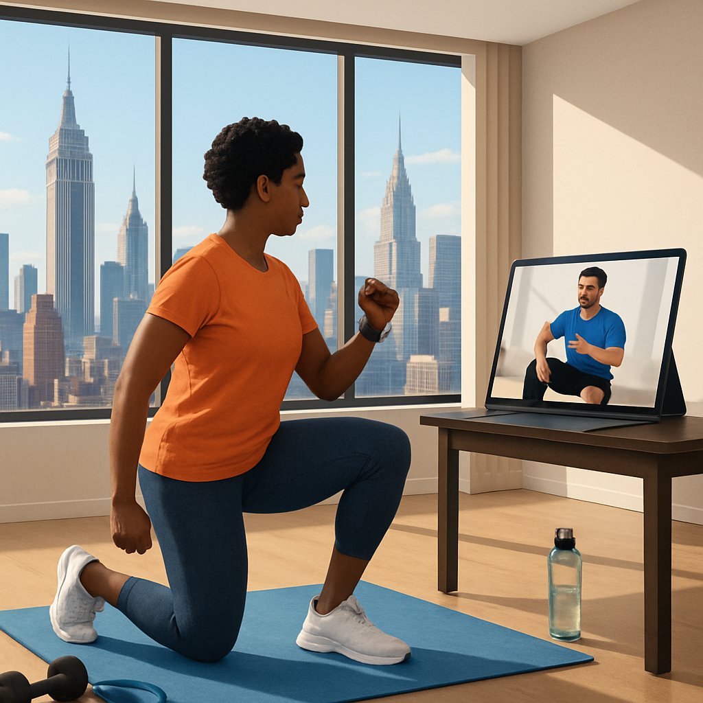 A person exercising indoors with a laptop showing a virtual personal trainer, with the Manhattan skyline visible through large windows.