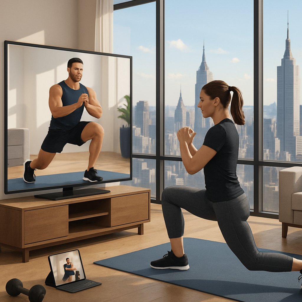 A person exercising on a yoga mat in a modern apartment with a large screen showing a personal trainer, with the Manhattan skyline visible through the windows.