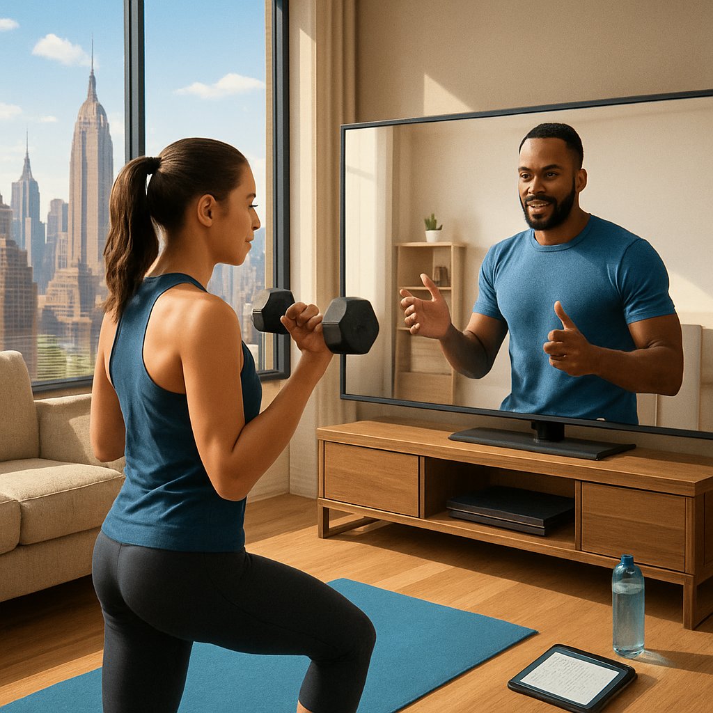 A woman exercising in her apartment while following a virtual personal trainer on a large screen, with a view of the Manhattan skyline through the window.