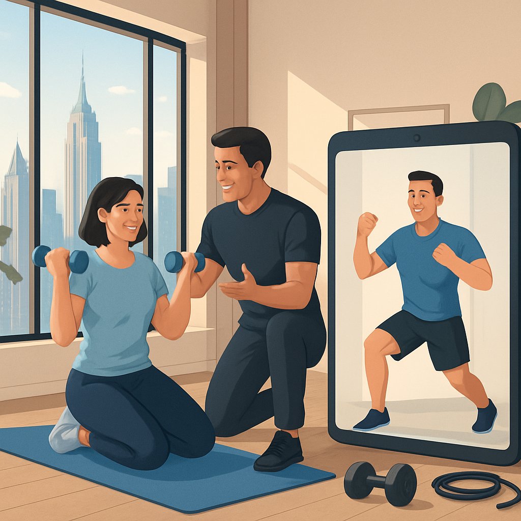 A personal trainer helping a client exercise inside a Manhattan apartment with city buildings visible outside, alongside a virtual training session displayed on a screen.