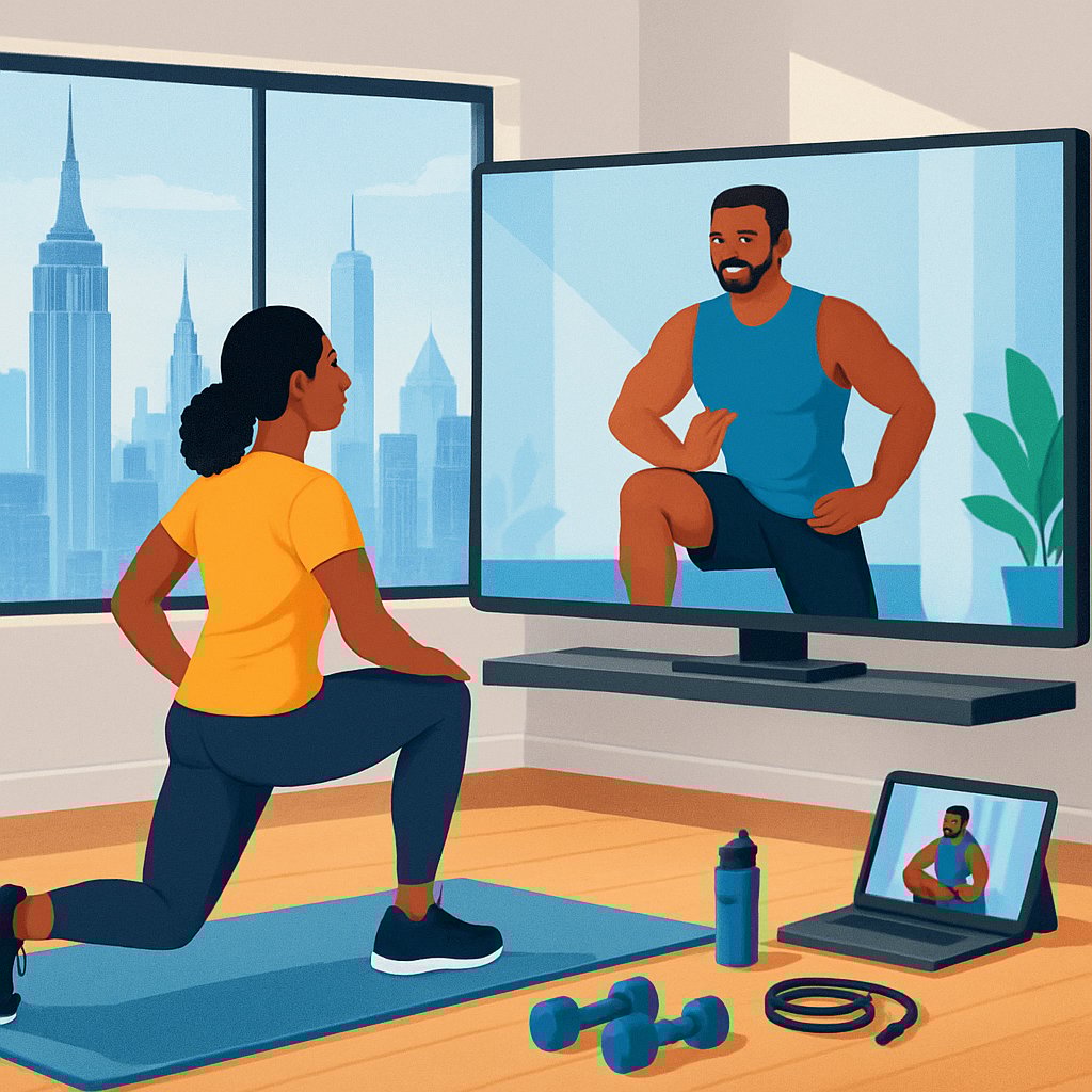 A person exercising at home following a virtual personal trainer on a screen with the Manhattan skyline visible through a window.