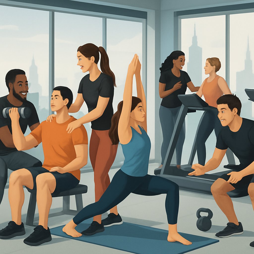A gym scene with personal trainers helping clients exercise using weights, yoga, cardio machines, and kettlebells, with a city skyline visible through large windows.