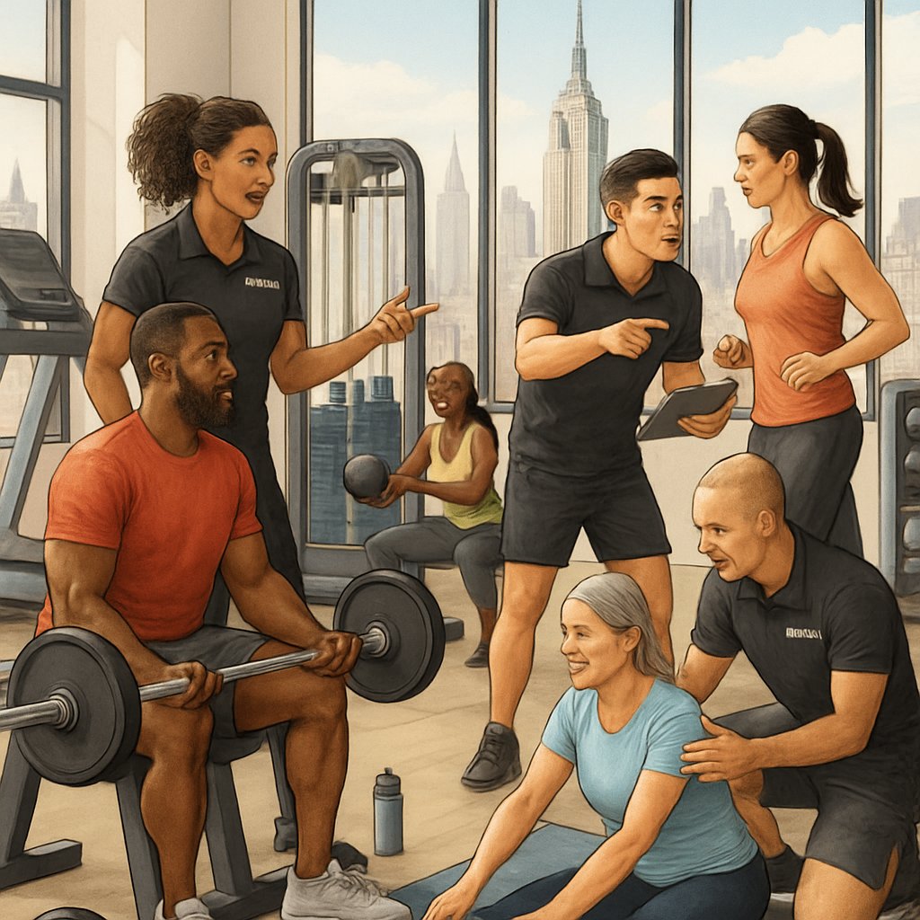 A group of personal trainers helping diverse clients exercise with various gym equipment in a modern gym with Manhattan skyline visible through large windows.