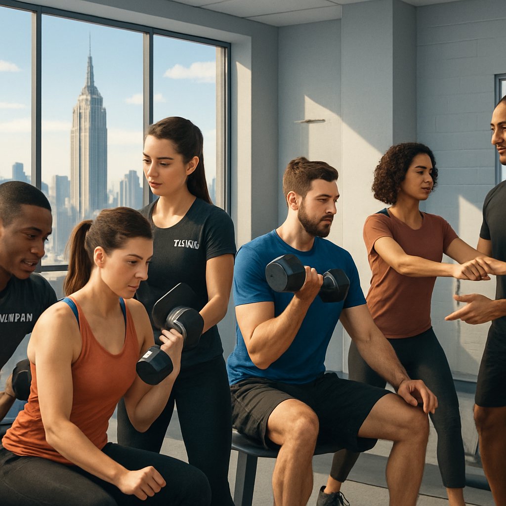 A group of personal trainers guiding clients through different exercises in a gym with a view of the Manhattan skyline.