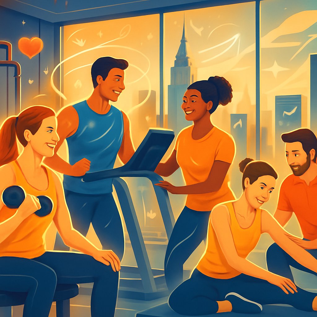 A group of personal trainers and clients working out together in a modern gym with a view of Manhattan, showing various fitness activities and symbols of health and progress.