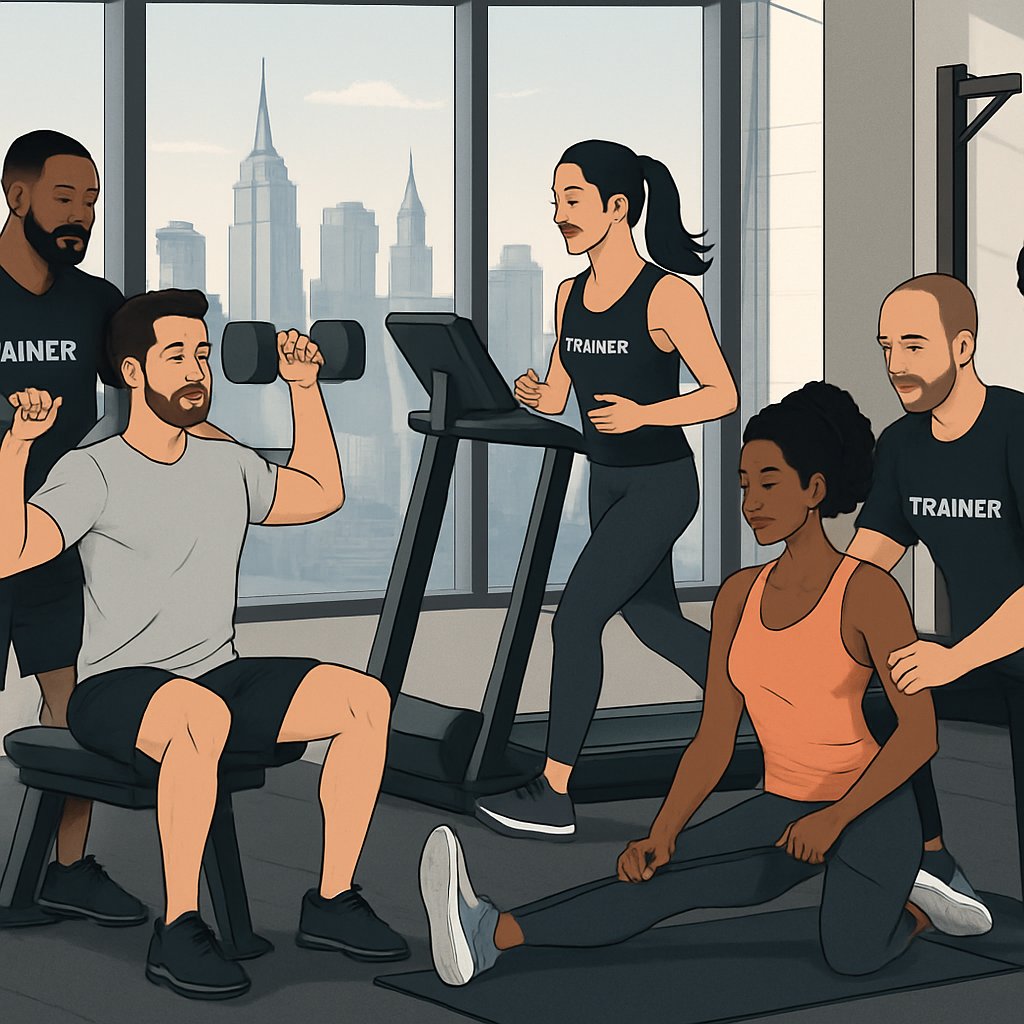 A group of personal trainers working with clients on different fitness exercises inside a gym with a city view in the background.