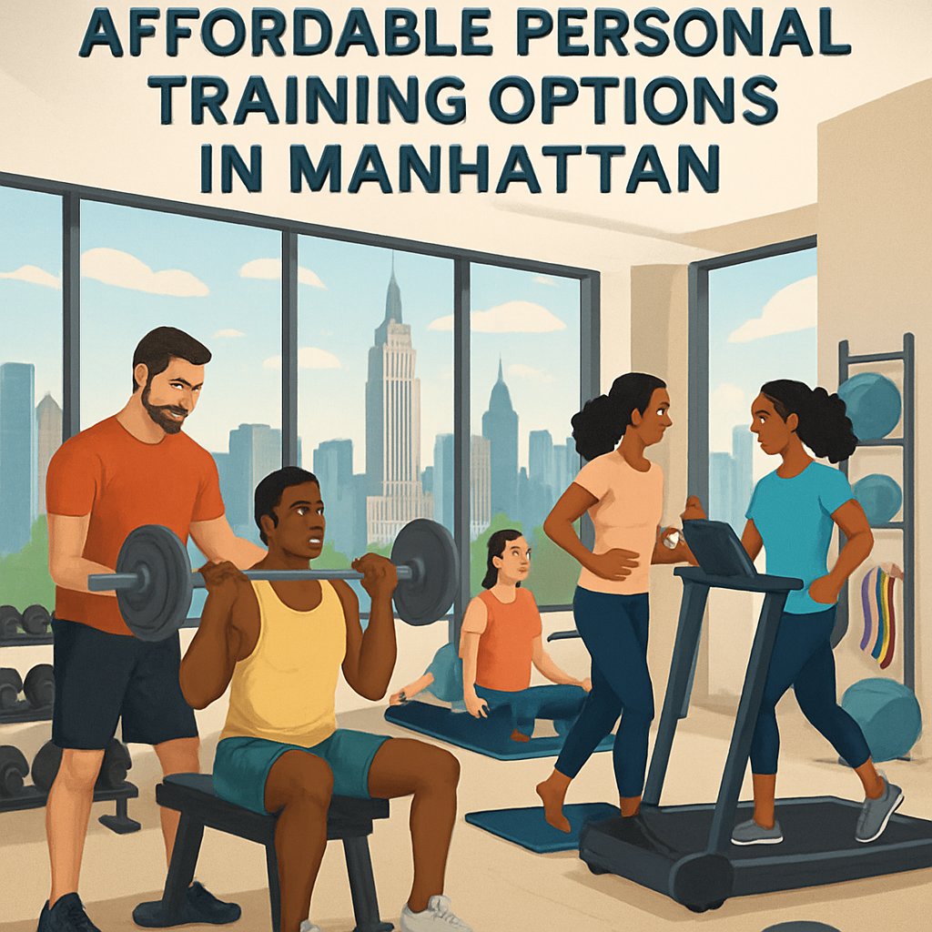 A group of people exercising with personal trainers in a gym with the Manhattan skyline visible through large windows.